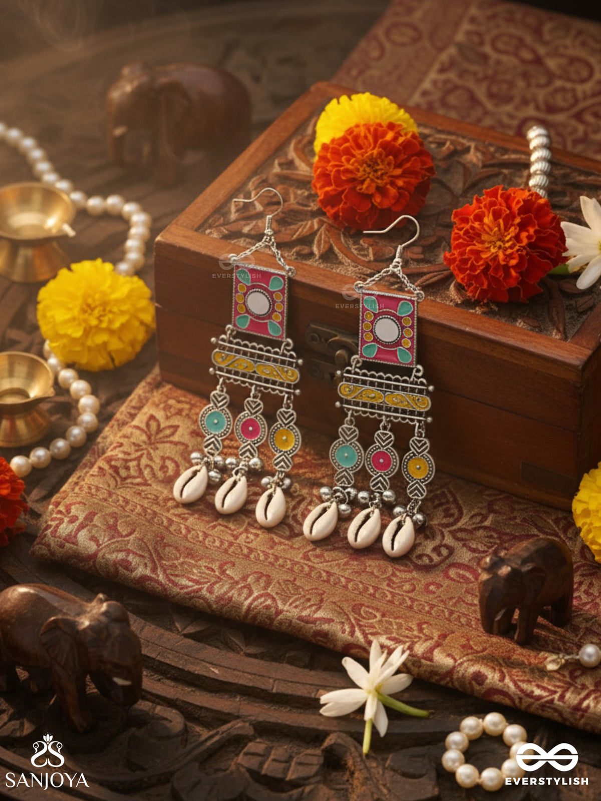 Singhasanamukta- Throne Gem- Oxidized Enamelled Earrings In Multicolour Motifs With Ghunghroo's And Cowrie Shells