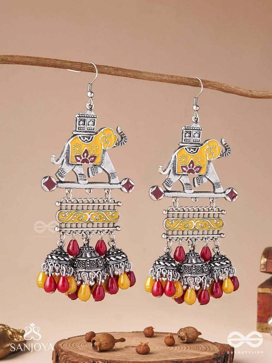 Sampurnamani-Complete Jewel- Elephant Motif Earrings Enamelled With Silver-Toned Metal, Featuring Jhumka And Stone Embellishments