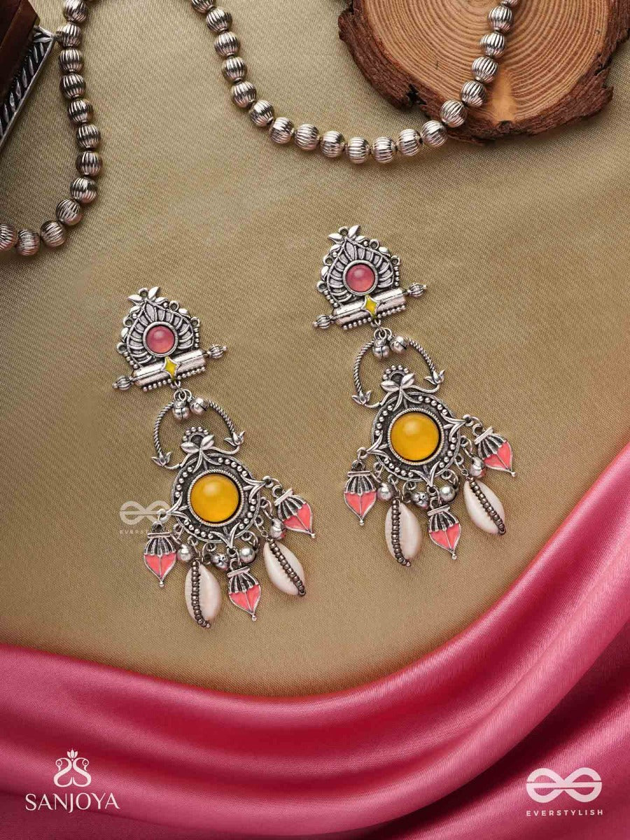 Suryaratna-Sun Gem-Silver-Toned Earrings Accented With Dangling Cowrie Shells And Ghunghroo's