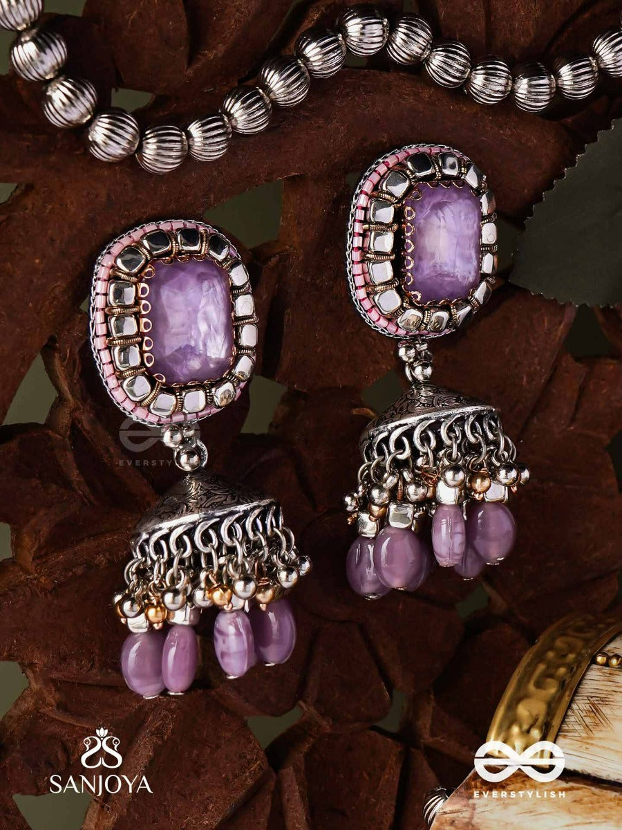 Amritamanjari-Nectar Cluster- Embroidered Lavendar Jhumka Earrings Adorned With Stones And Beads