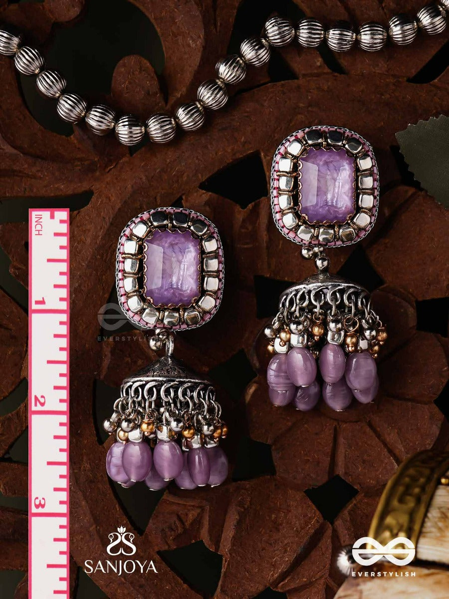 Amritamanjari-Nectar Cluster- Embroidered Lavendar Jhumka Earrings Adorned With Stones And Beads