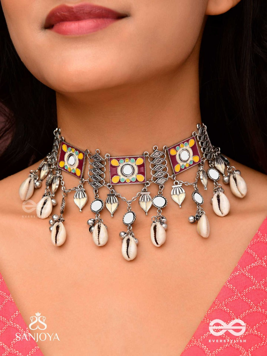 Sangrahitavarna- Collected Hues- Enamelled Oxidized Choker Neckpiece In Pastel Hues With Cowrie Shells, Ghungroos And Mirrorwork