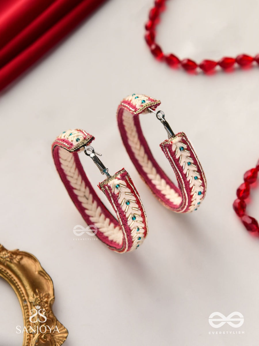 Vasantiruchi- Spring Charm- Embroidered Earrings With Red And White Threads, Decorated With Beads And Gold Accents