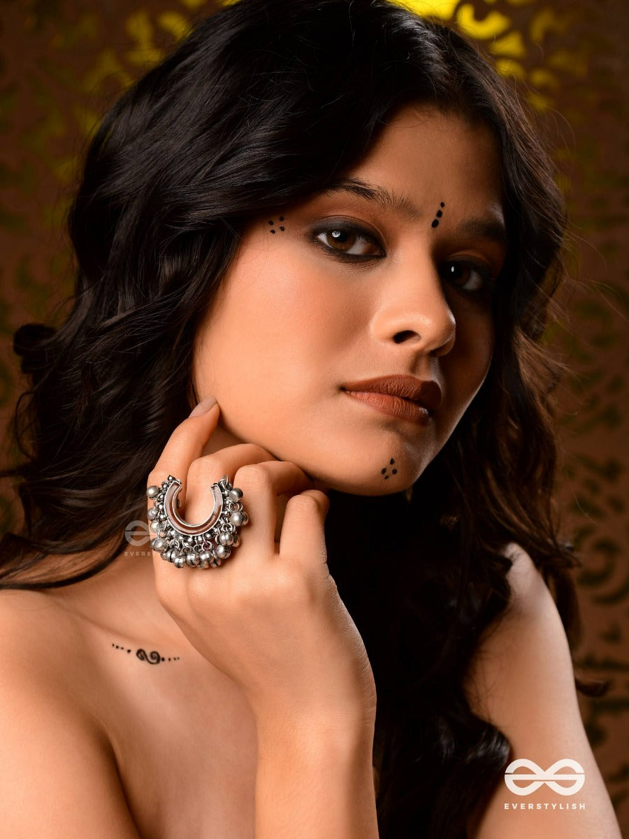 Lunar Embrace- Oxidized Adjustable Ring With Ghungroos