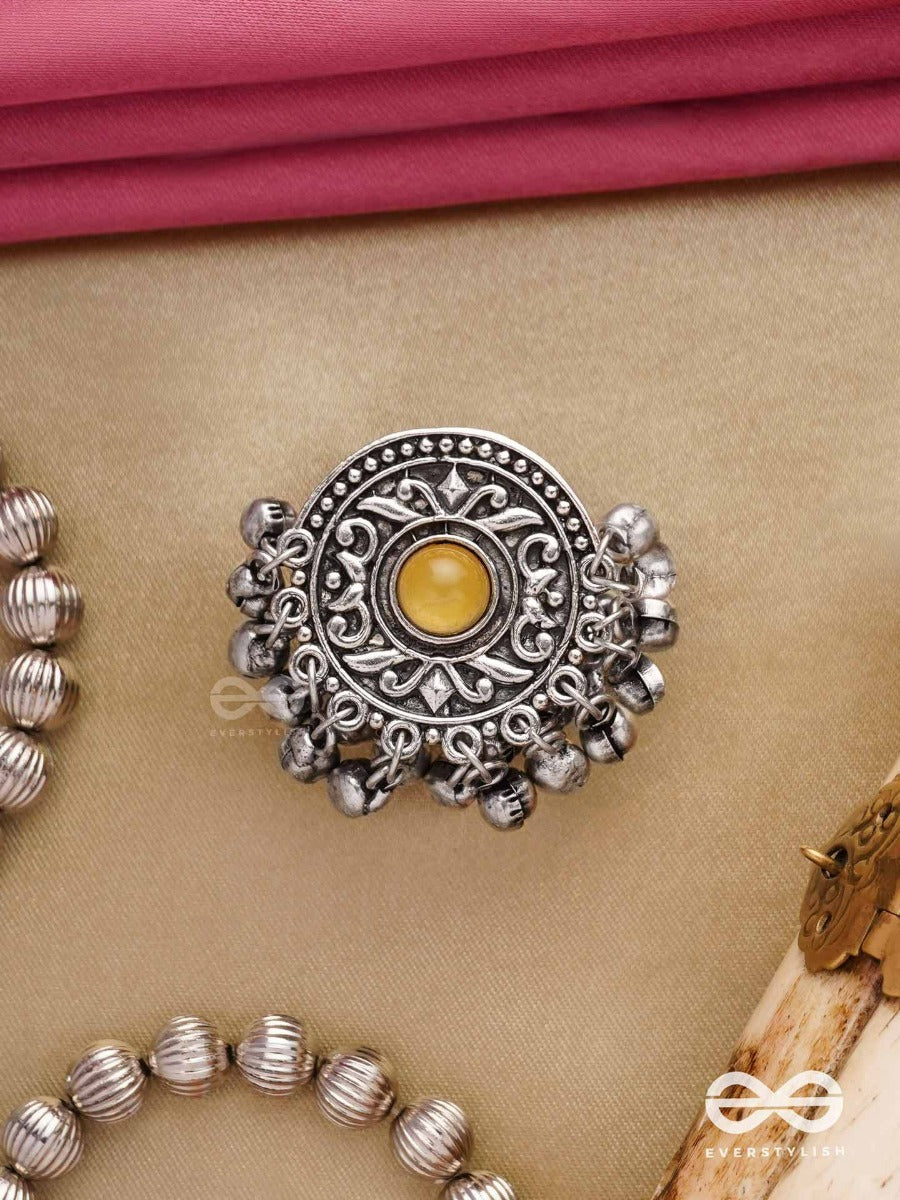 Pitamani-Yellow Jewel- Oxidized Adjustable Ring In Golden Hues With Ghunghroo's.