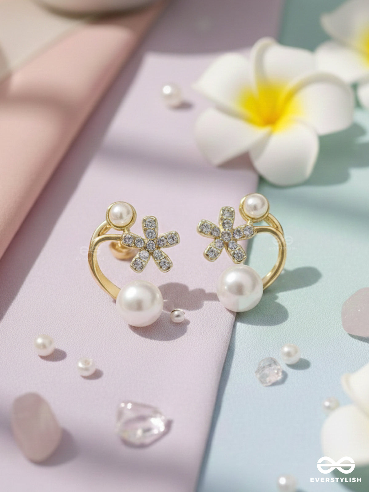 Golden Crescent- Pearl Studs' Golden Floral Pattern