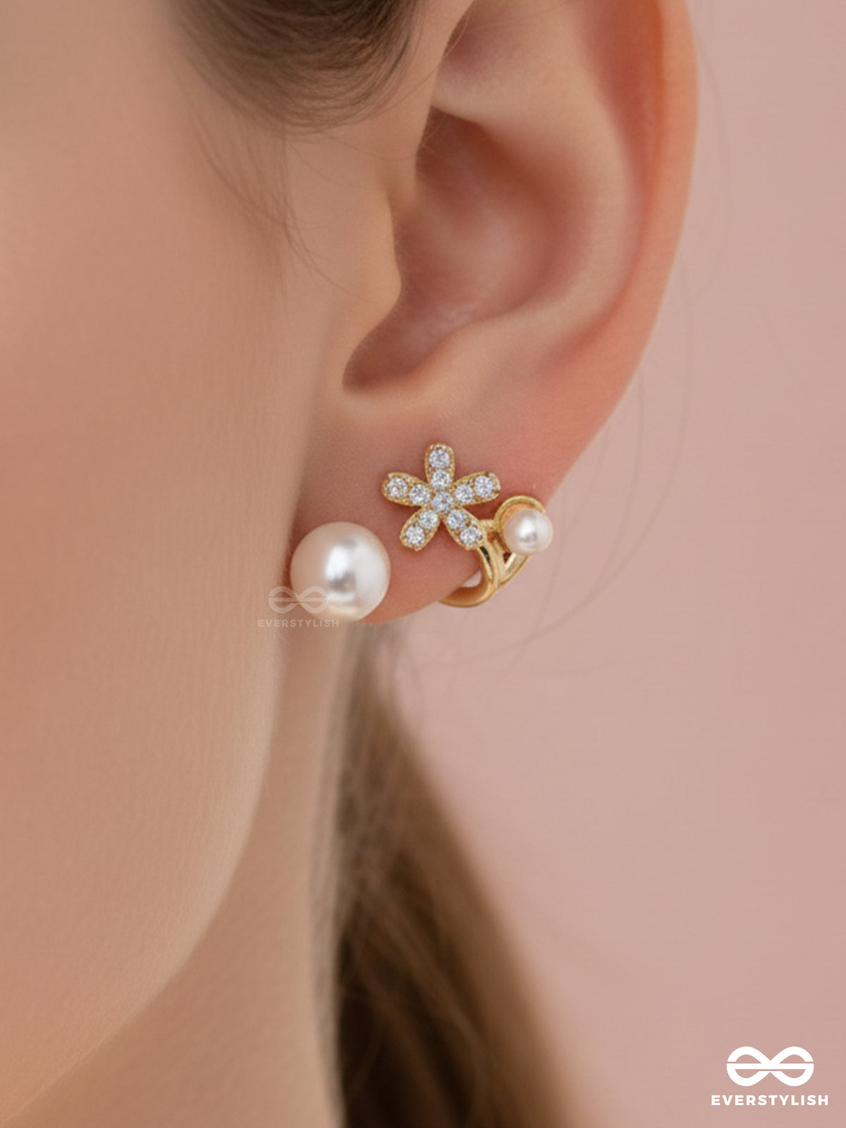 Golden Crescent- Pearl Studs' Golden Floral Pattern