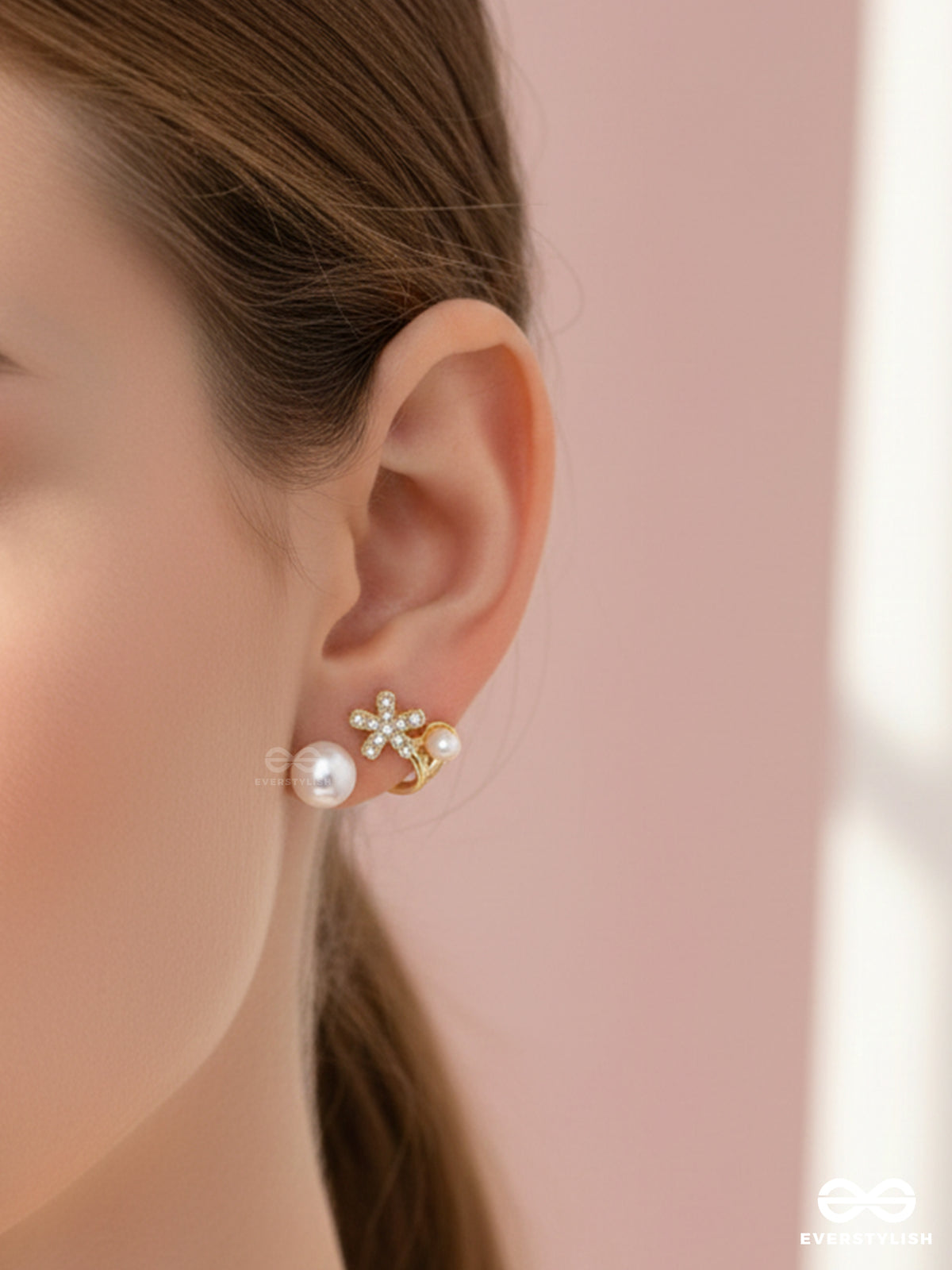 Golden Crescent- Pearl Studs' Golden Floral Pattern