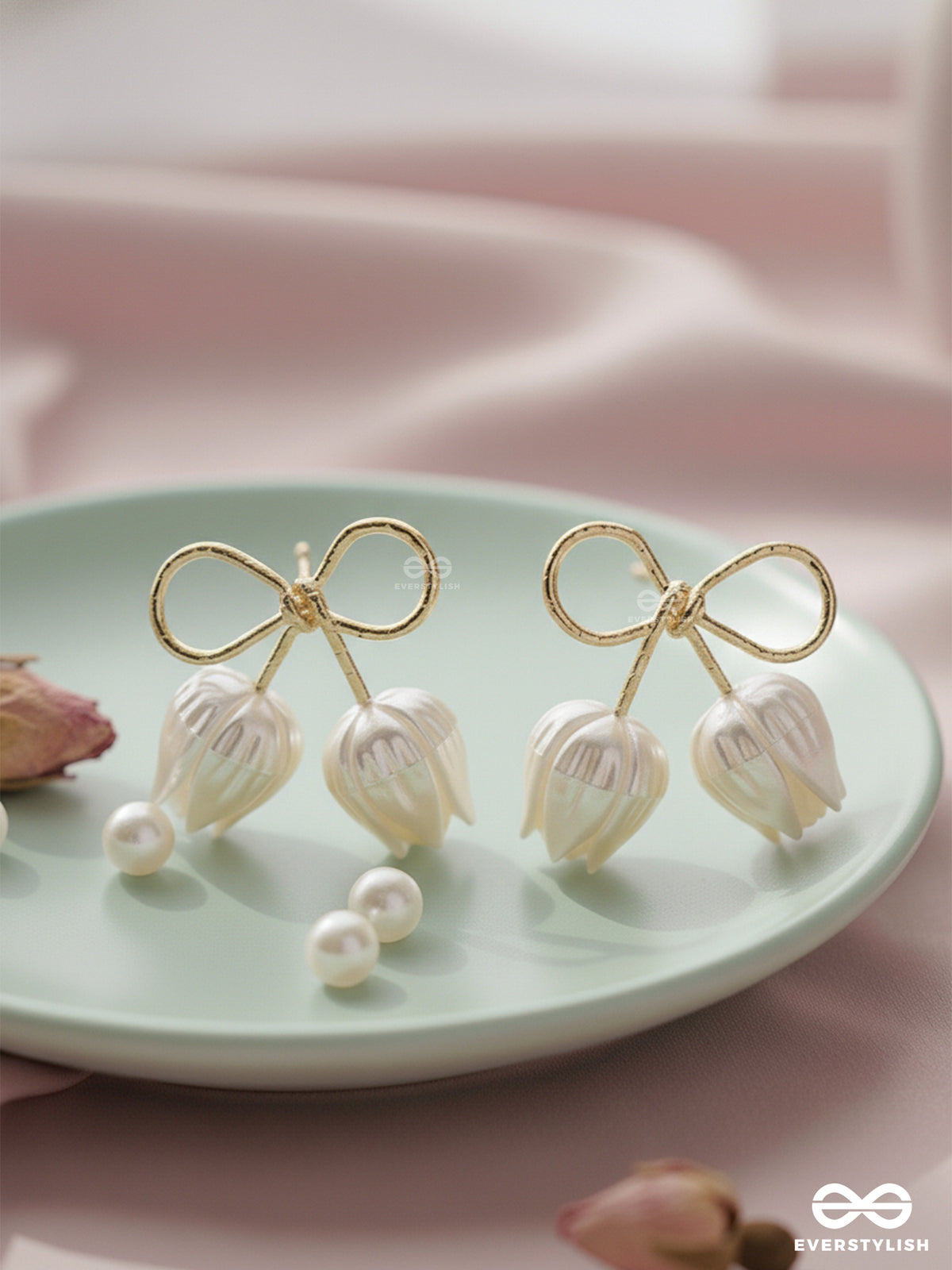 Golden Infinity- Golden Studs With White Pearl Roses