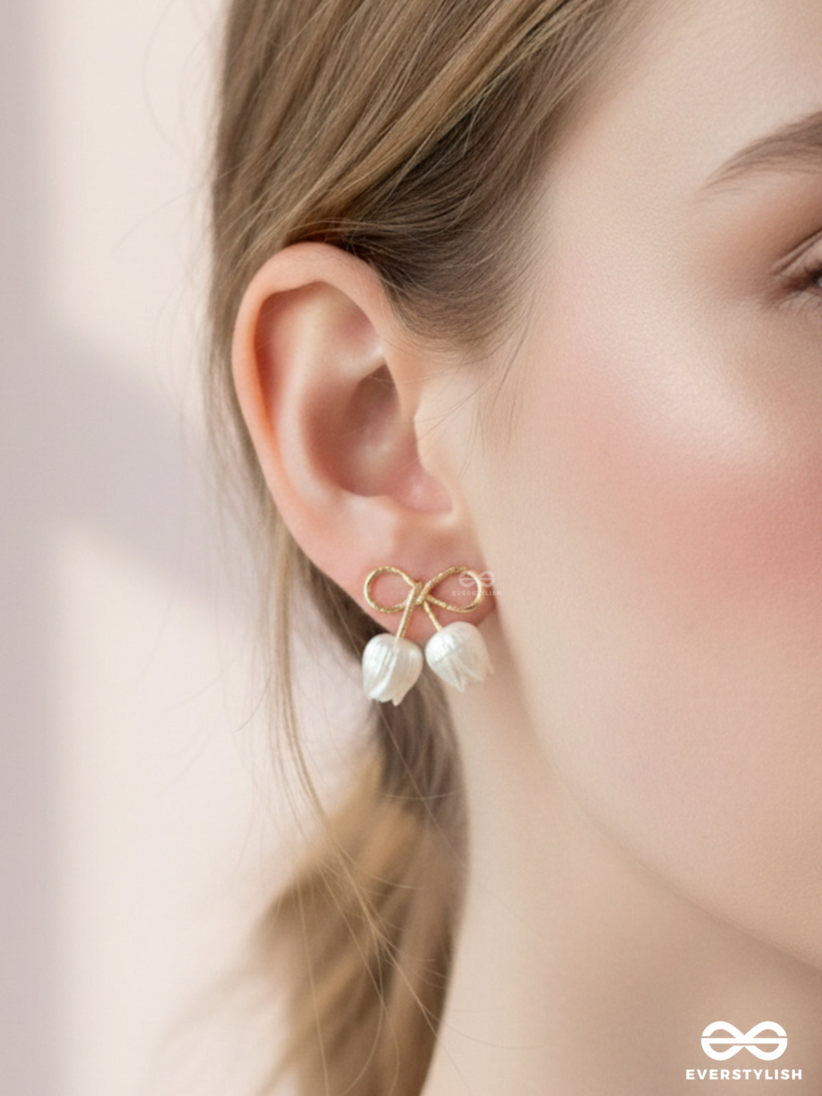 Golden Infinity- Golden Studs With White Pearl Roses