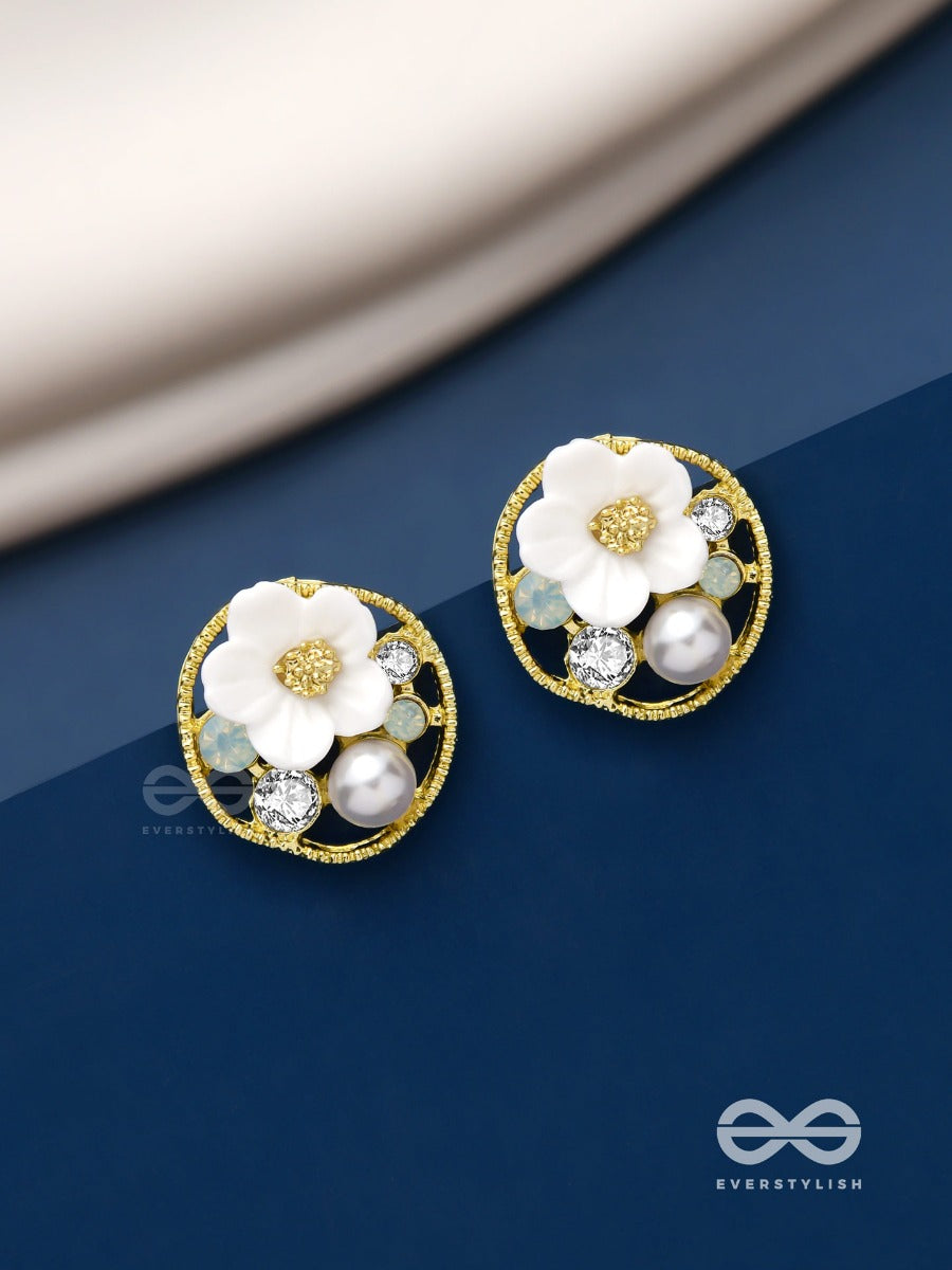 Divine Temptation- White Floral Studs Encircled With Golden Mesh
