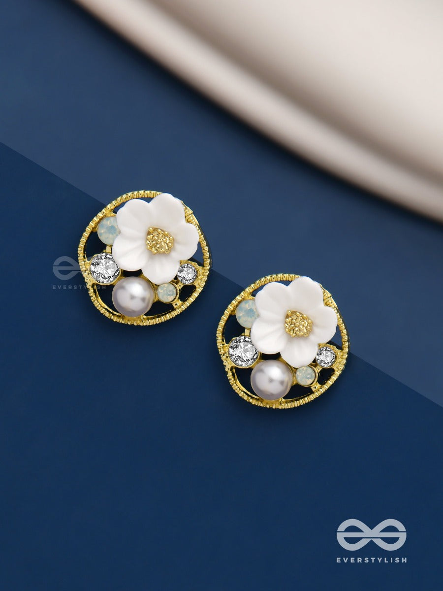 Divine Temptation- White Floral Studs Encircled With Golden Mesh