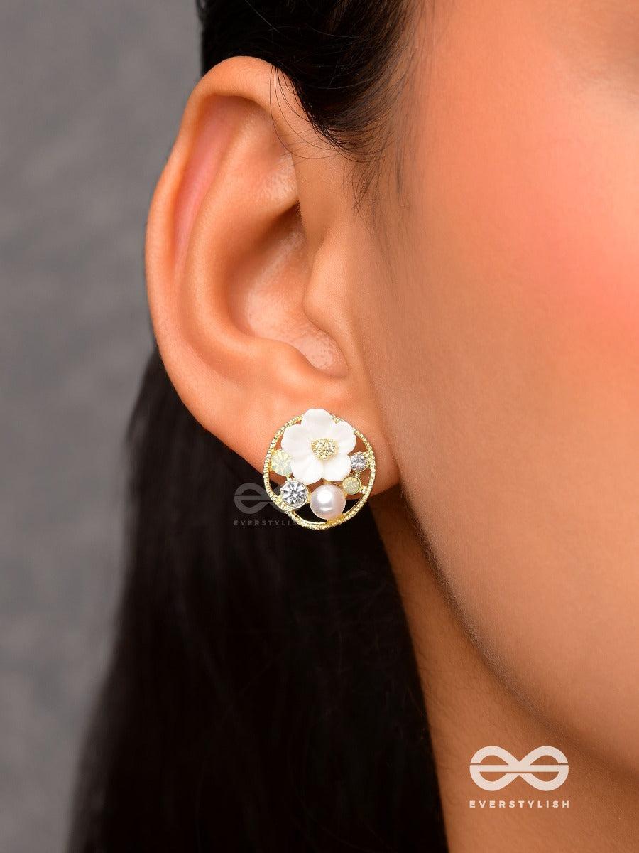 Divine Temptation- White Floral Studs Encircled With Golden Mesh