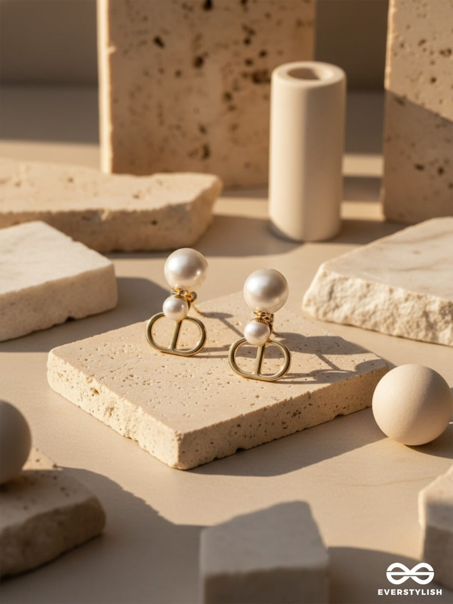 Starlit Orb- Dangling Pearl Earrings With Golden Spheres