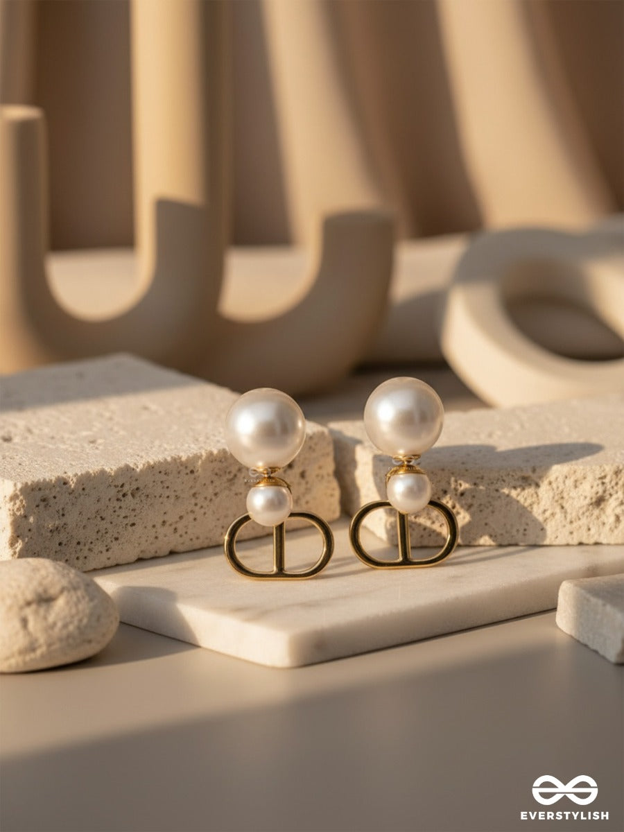 Starlit Orb- Dangling Pearl Earrings With Golden Spheres