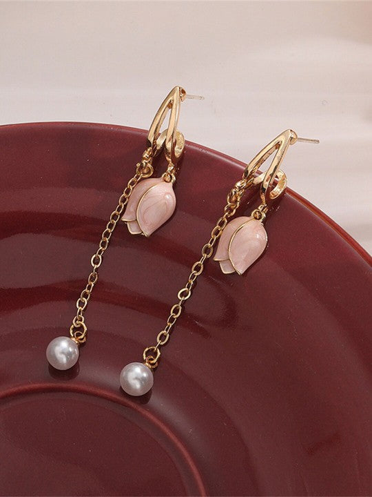 Soft Resilience - Golden Dangling Earrings With Pink Rose