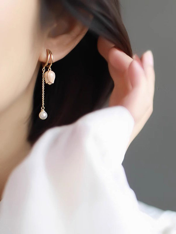 Soft Resilience - Golden Dangling Earrings With Pink Rose