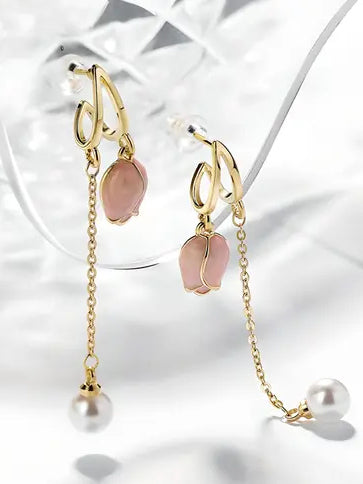 Soft Resilience - Golden Dangling Earrings With Pink Rose