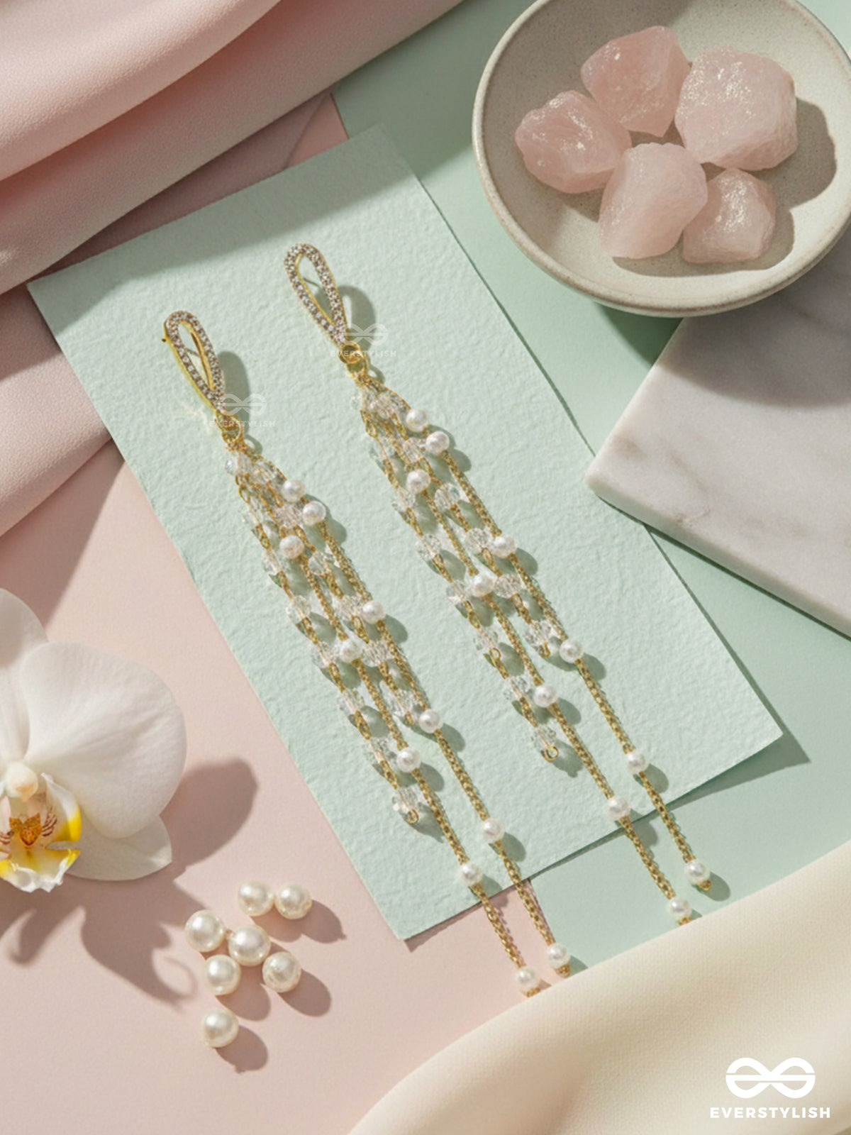 Glass Sprinklings - Dangling Golden Bead Earrings