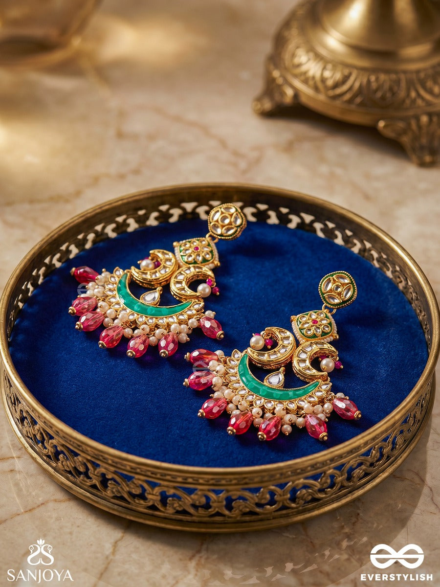 Chandrapriya " Beloved Of The Moon" Gold Like Design With A Blend Of Pearls, Kundan, Vibrant Red Drops And Crescent Motifs