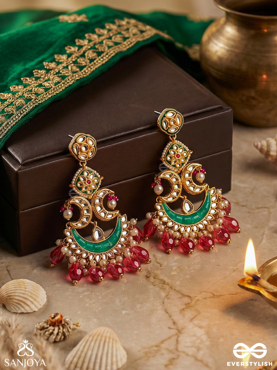 Chandrapriya " Beloved Of The Moon" Gold Like Design With A Blend Of Pearls, Kundan, Vibrant Red Drops And Crescent Motifs