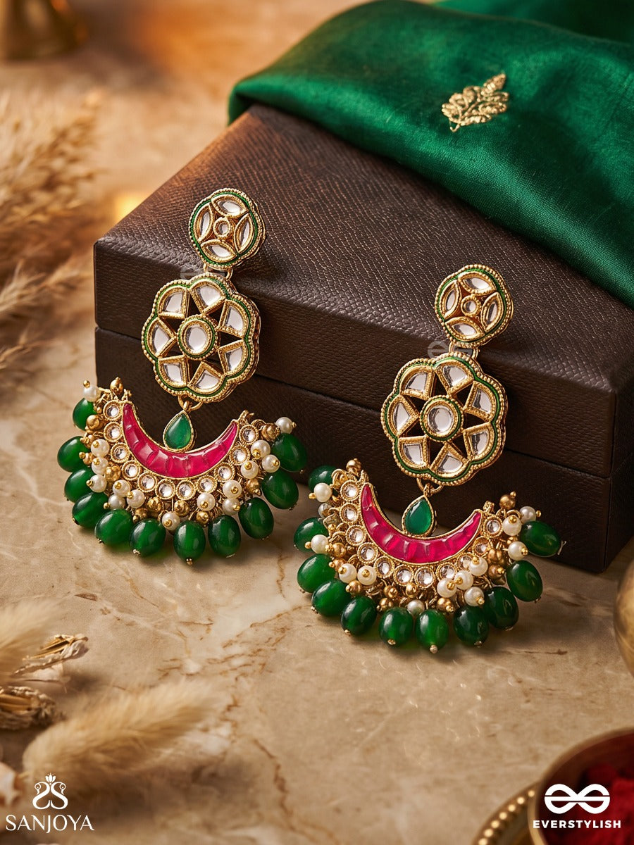 Manidipika " Jewel Lamp" Gold Toned Earring With Glass Stones,Kundan, Pearlbeads, Pink Enamel And Green Tear Drop Beads