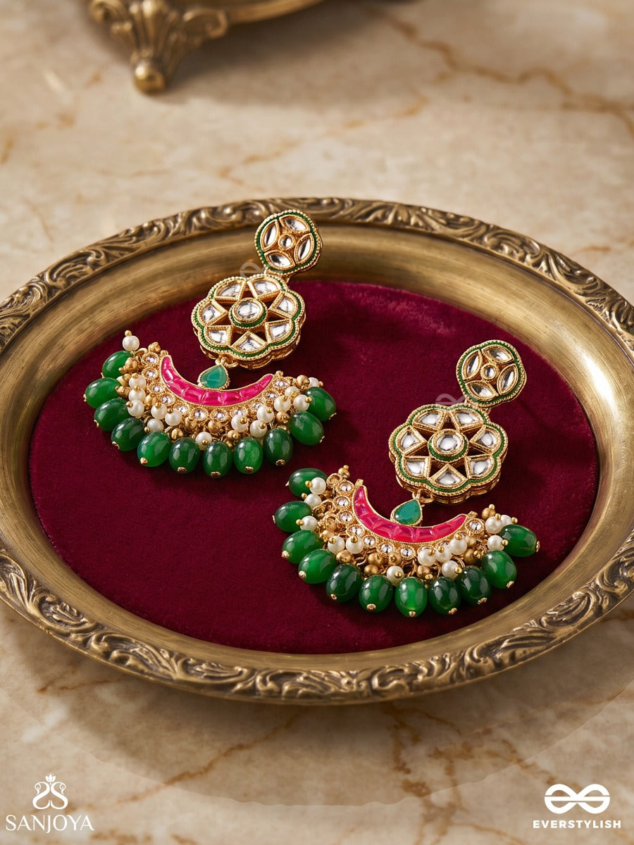 Manidipika " Jewel Lamp" Gold Toned Earring With Glass Stones,Kundan, Pearlbeads, Pink Enamel And Green Tear Drop Beads
