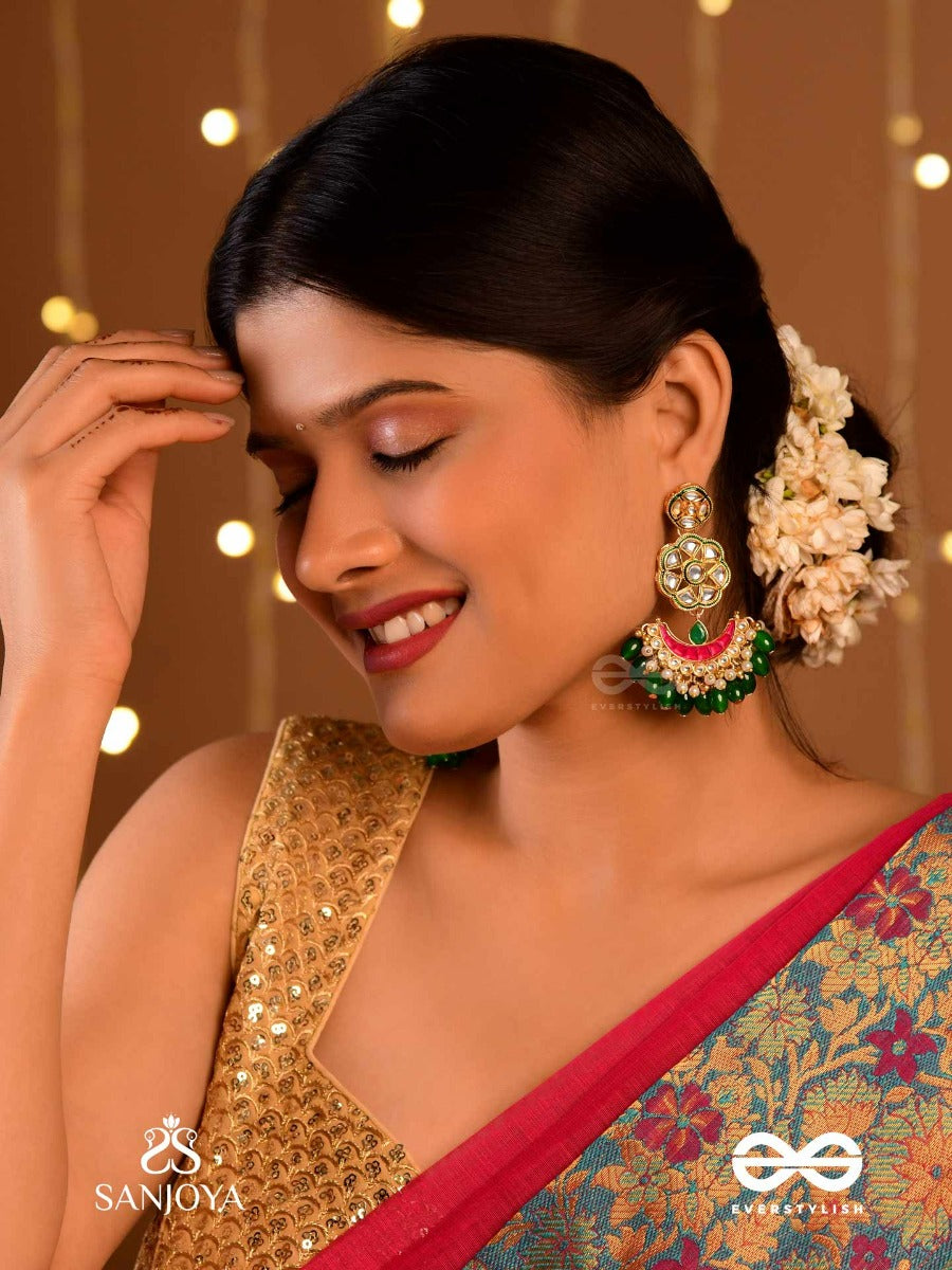 Manidipika " Jewel Lamp" Gold Toned Earring With Glass Stones,Kundan, Pearlbeads, Pink Enamel And Green Tear Drop Beads