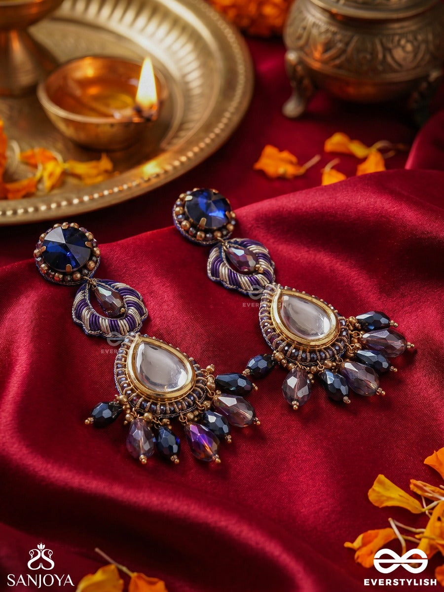Vyompratika - Celestial Emblem - Statement Earrings With Ornamental Panels And Dangling Drop Accents