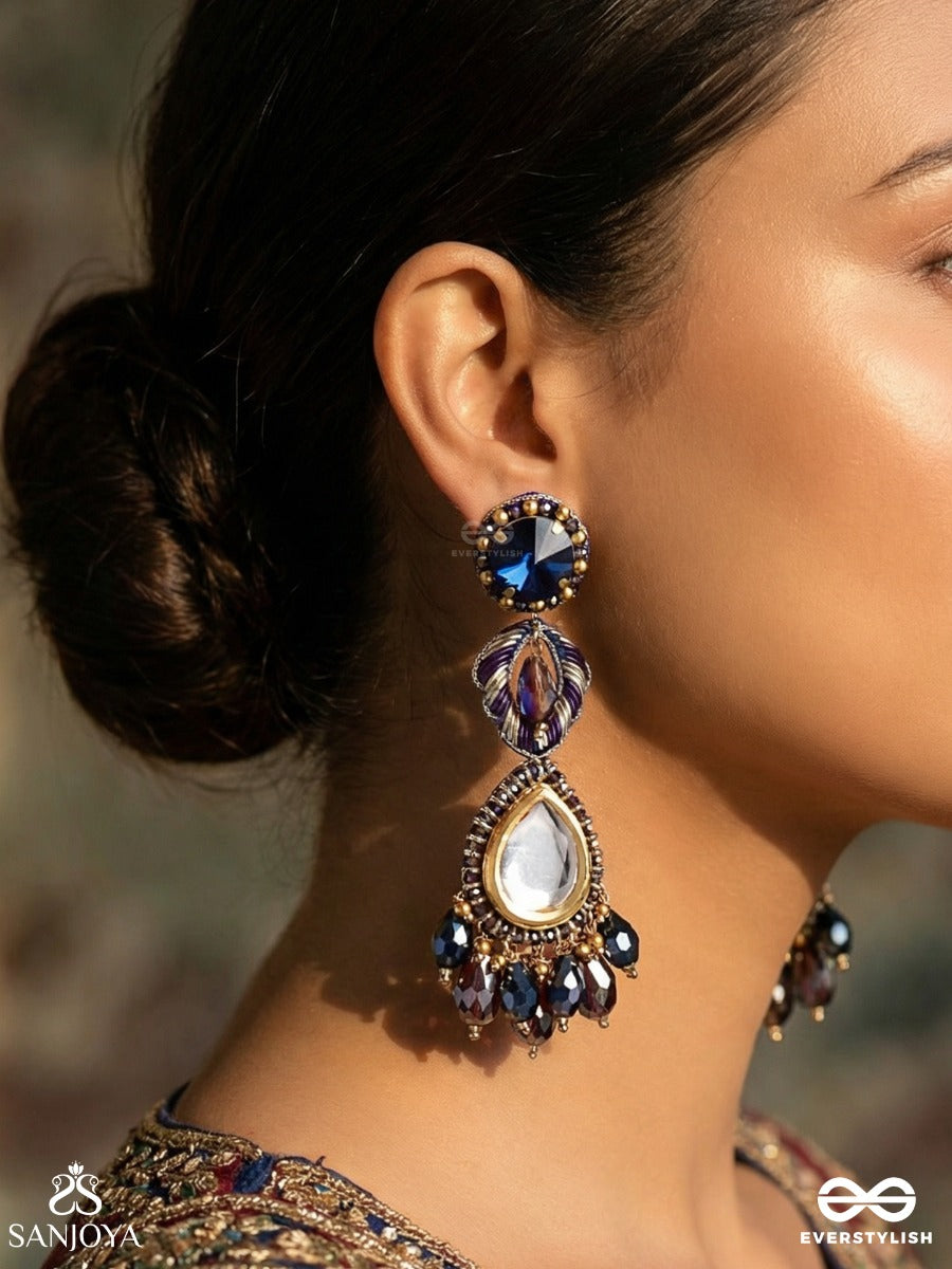 Vyompratika - Celestial Emblem - Statement Earrings With Ornamental Panels And Dangling Drop Accents