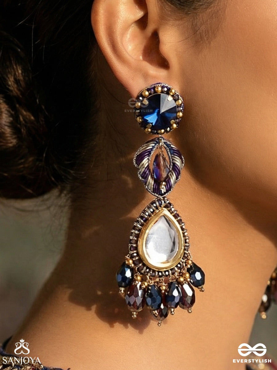 Vyompratika - Celestial Emblem - Statement Earrings With Ornamental Panels And Dangling Drop Accents