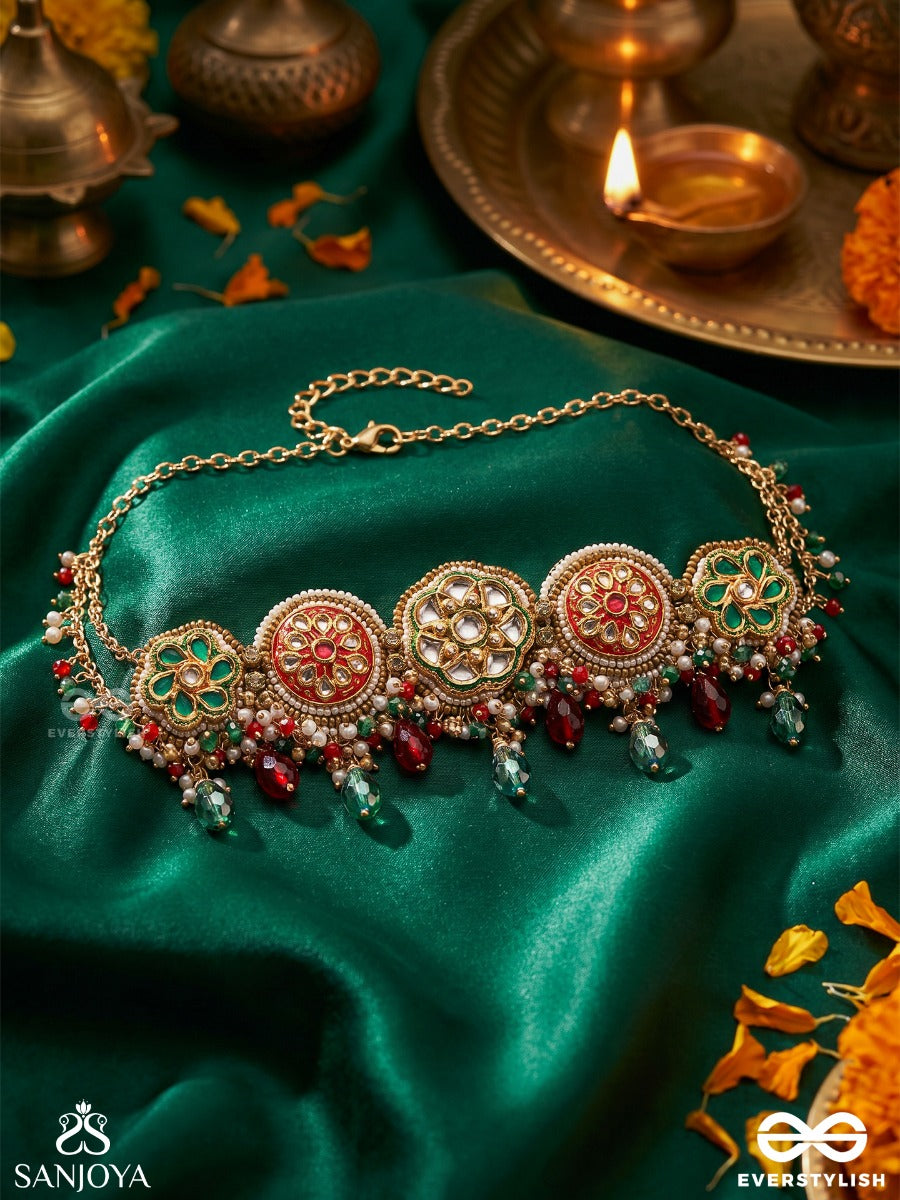 Kusumavali - Row Of Flowers - Necklace With Circular Motifs With Green, Red And Golden Elements