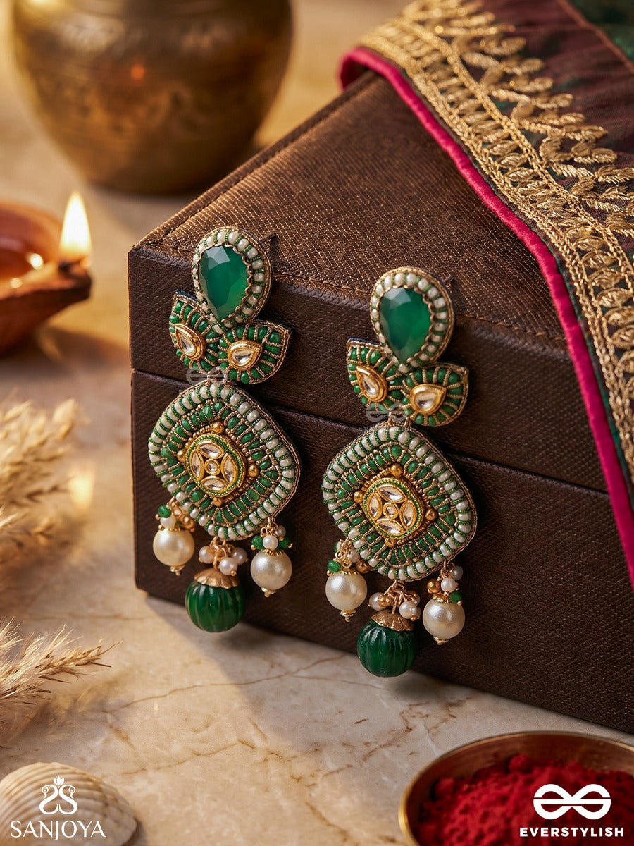 Maniharita - Jewelled Green - Decorative Earrings With Gemmed Structure And Flowing Accents