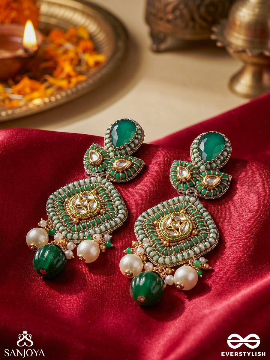 Maniharita - Jewelled Green - Decorative Earrings With Gemmed Structure And Flowing Accents