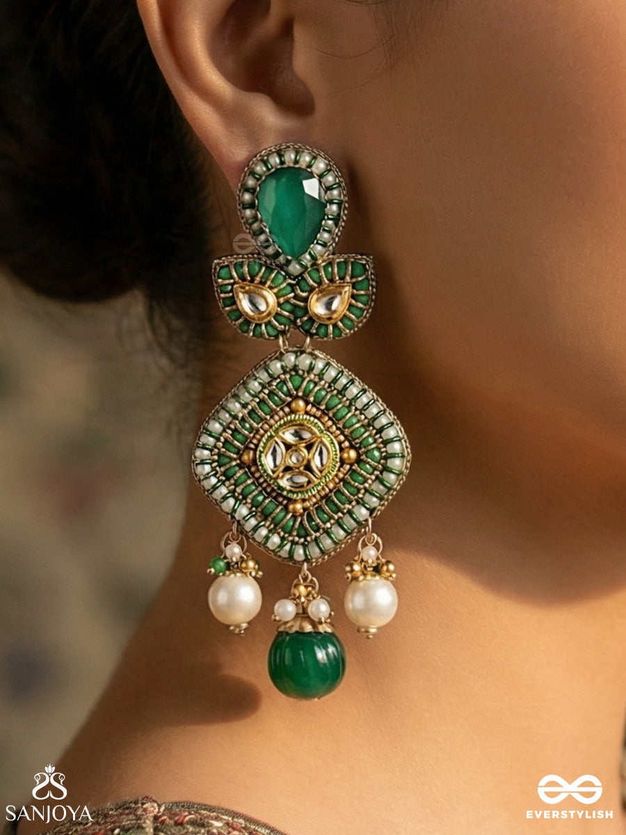 Maniharita - Jewelled Green - Decorative Earrings With Gemmed Structure And Flowing Accents
