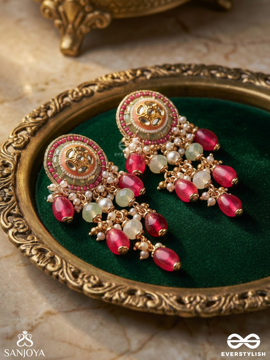 Raktakusuma- Red Flower - Radiant Red Beads And Pearls With Golden Embeliished Earrings