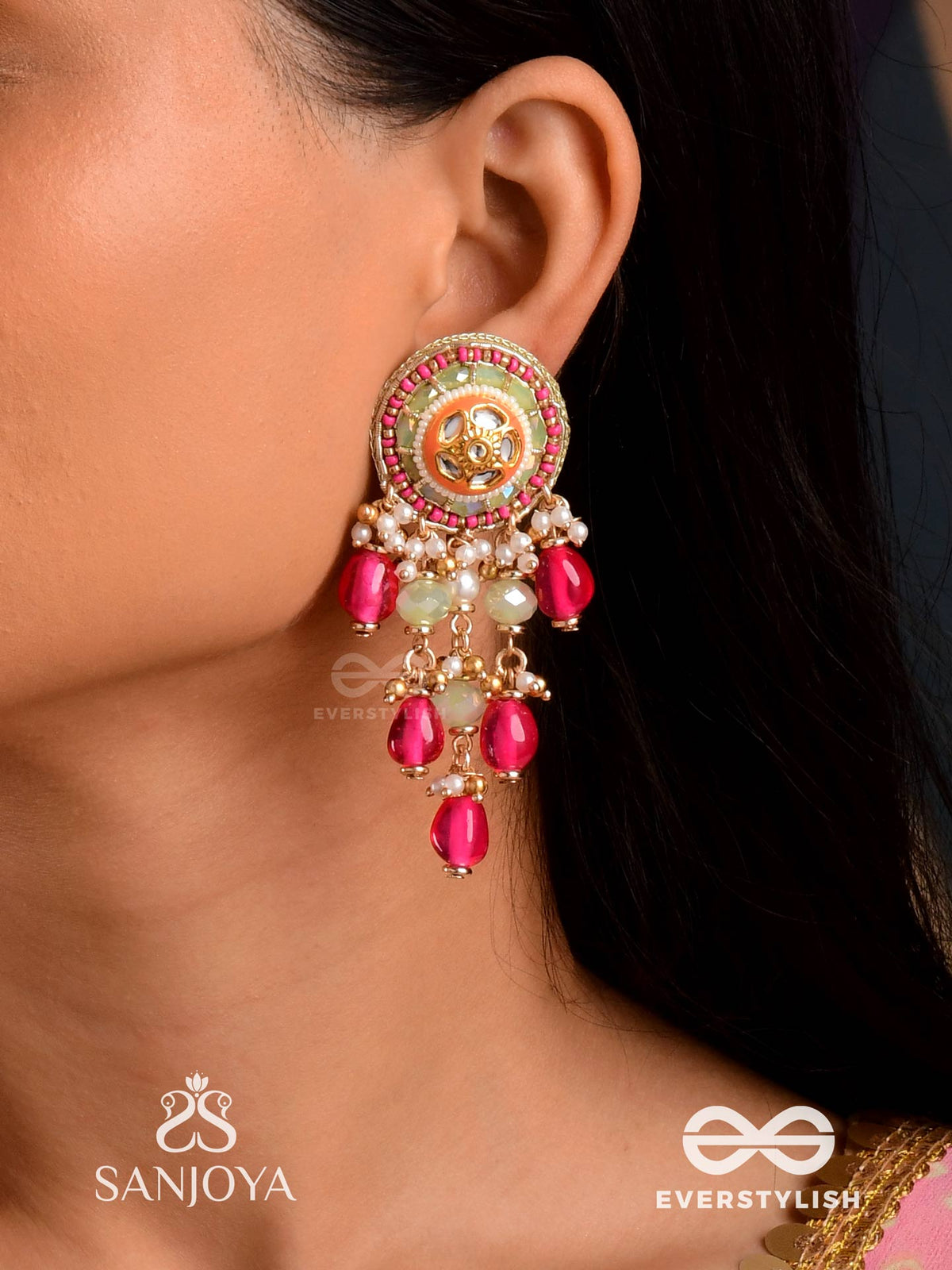 Raktakusuma- Red Flower - Radiant Red Beads And Pearls With Golden Embeliished Earrings