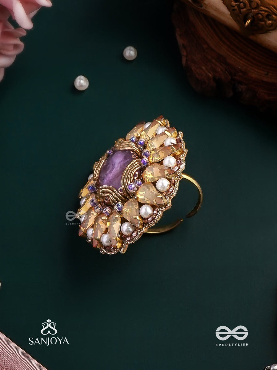Kanaka Pushpa - Golden Flower Embroidered Flower-Shaped Ring Adorned With Yellow Gems And Pearls, Giving A Golden Glow