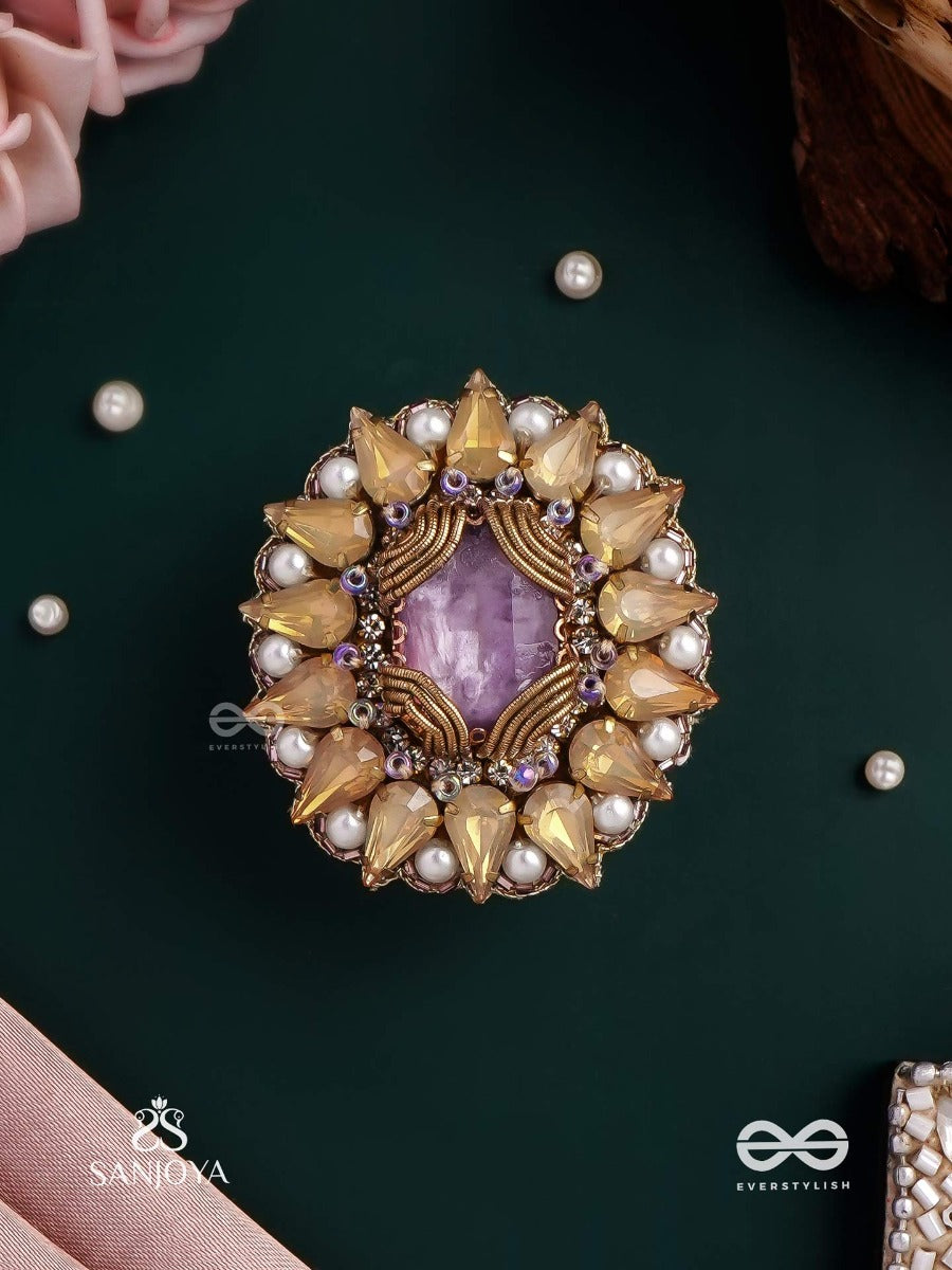 Kanaka Pushpa - Golden Flower Embroidered Flower-Shaped Ring Adorned With Yellow Gems And Pearls, Giving A Golden Glow