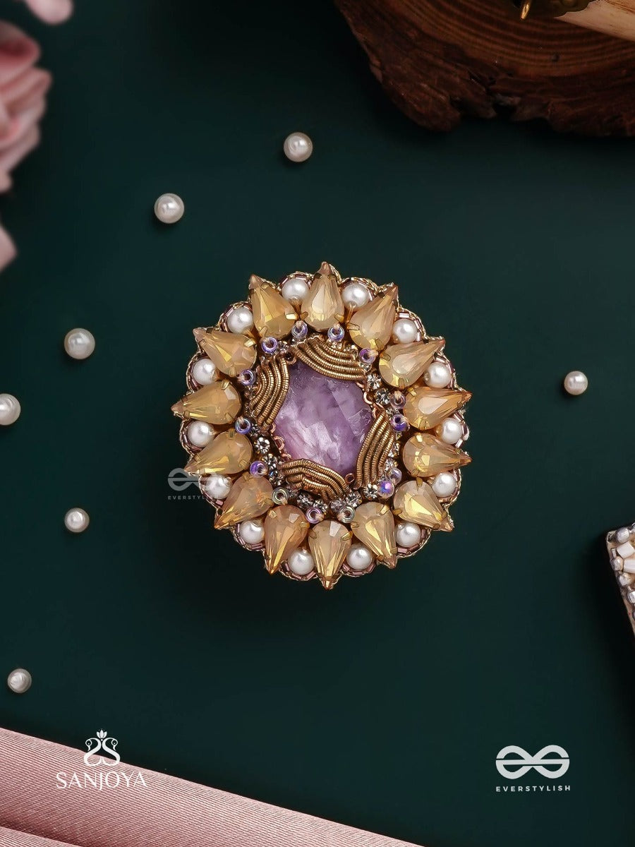 Kanaka Pushpa - Golden Flower Embroidered Flower-Shaped Ring Adorned With Yellow Gems And Pearls, Giving A Golden Glow