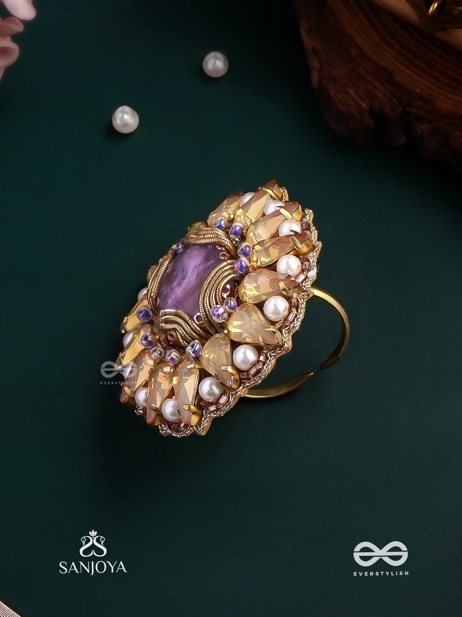 Kanaka Pushpa - Golden Flower Embroidered Flower-Shaped Ring Adorned With Yellow Gems And Pearls, Giving A Golden Glow