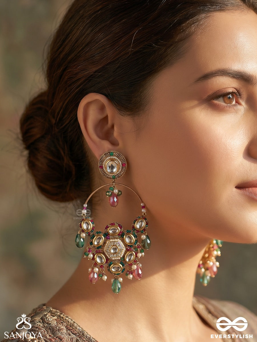 Zanvika - Radiant Form - Statement Earrings With Ornamental Hoop And Multi-Colour Drop Accents