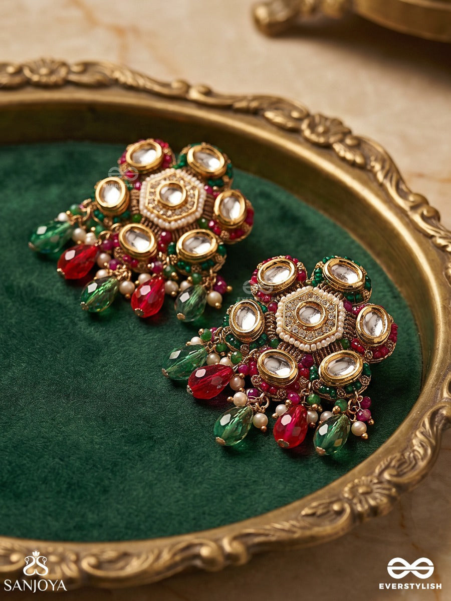 Eeshvarya - Divine Wealth - Statement Earrings With Ornamental Medallion And Multi-Drop Accents
