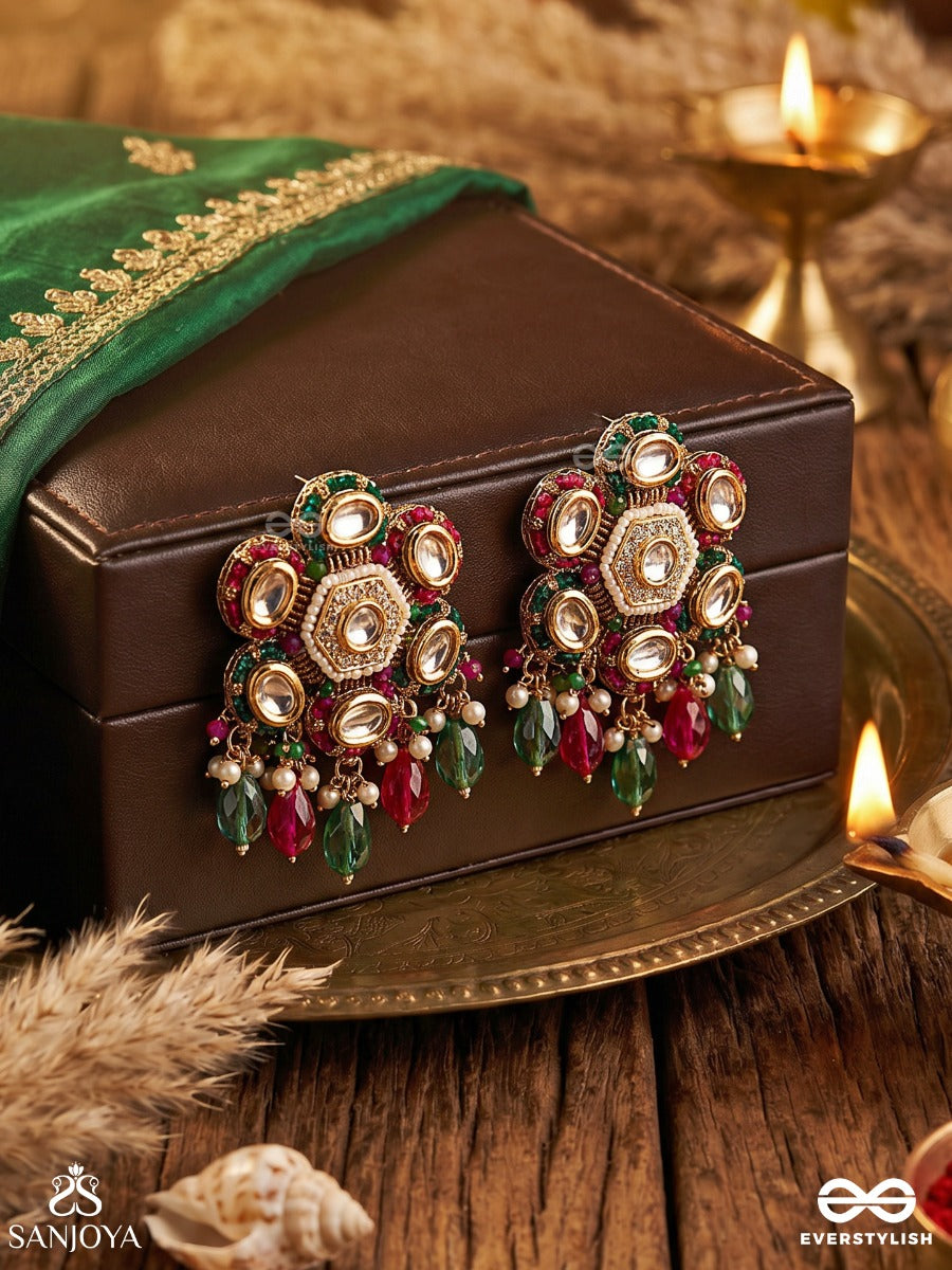 Eeshvarya - Divine Wealth - Statement Earrings With Ornamental Medallion And Multi-Drop Accents