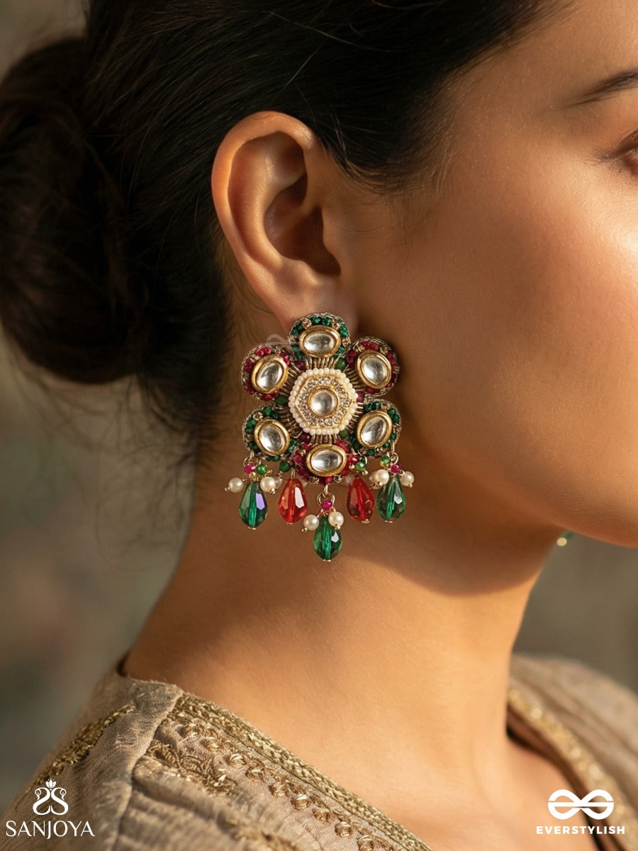 Eeshvarya - Divine Wealth - Statement Earrings With Ornamental Medallion And Multi-Drop Accents