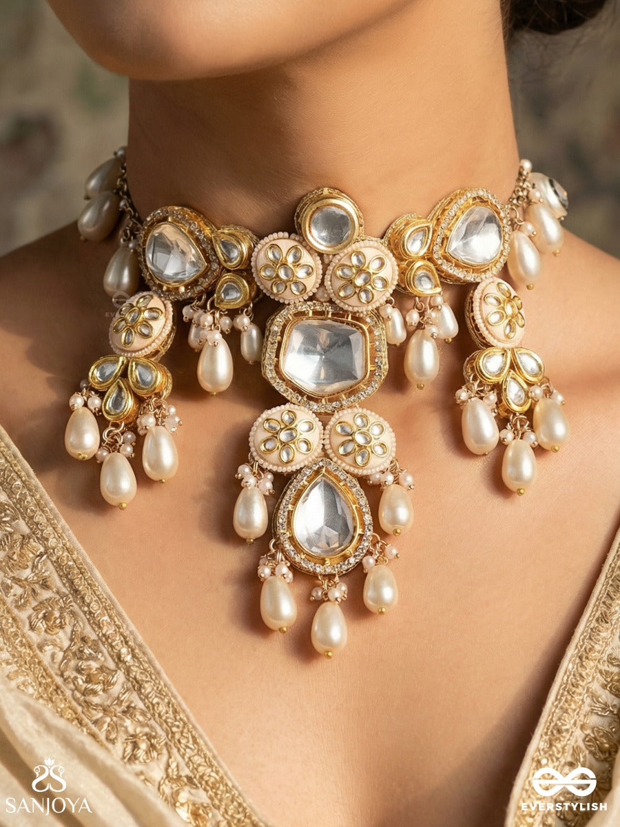 Kamakshi - One With Loving Eyes - Statement Necklace With Ornamental Motifs And Pearl Fringe