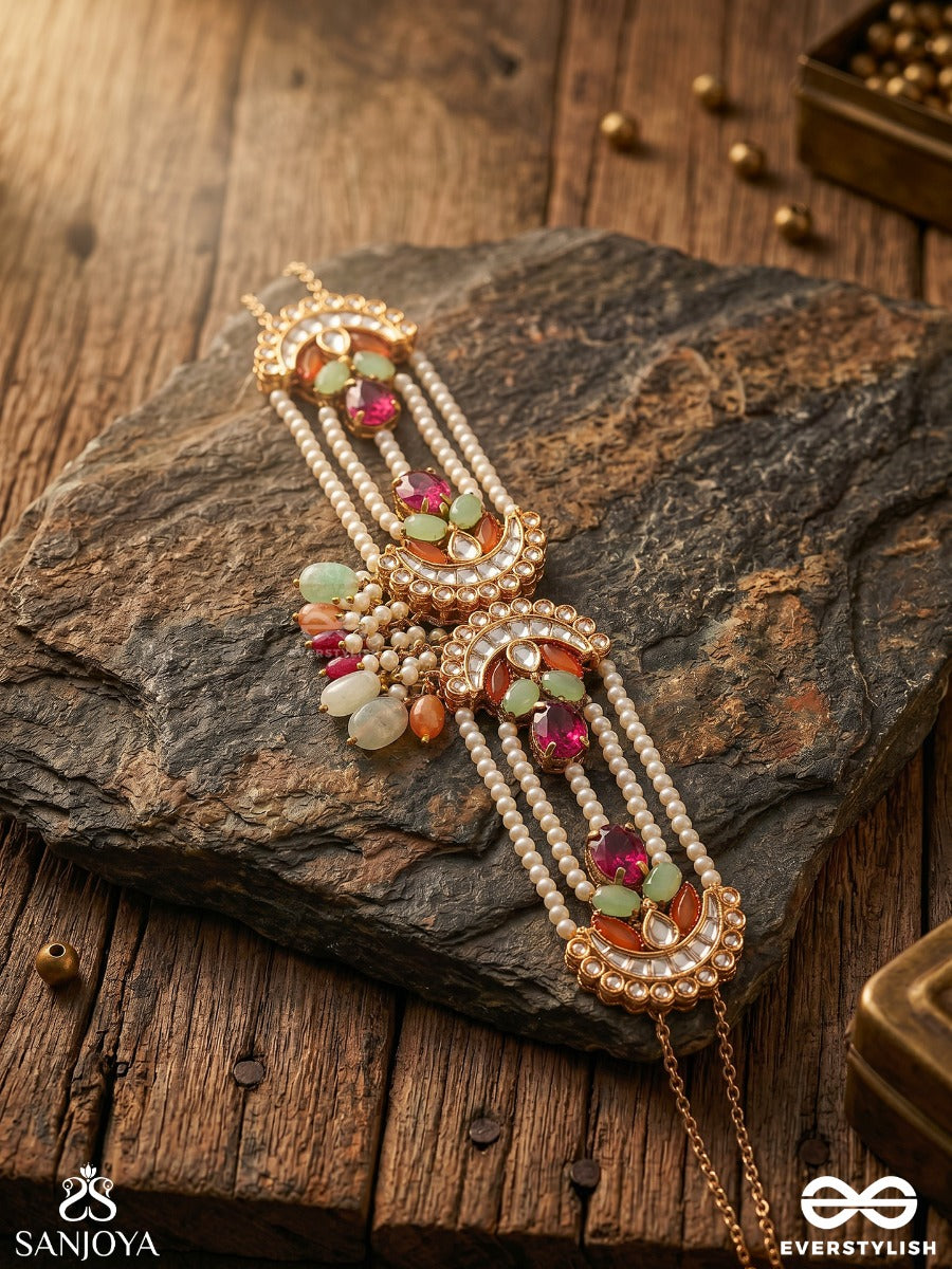 Chandrayukta - Moon Aligned - Festive Necklace With Ornamental Crescent Panels, Pearl Strands And Dangling Accents