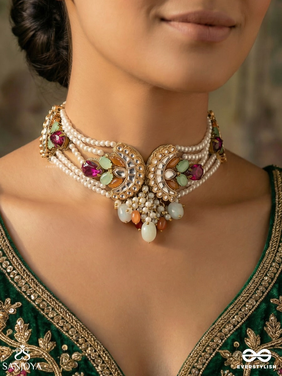 Chandrayukta - Moon Aligned - Festive Necklace With Ornamental Crescent Panels, Pearl Strands And Dangling Accents
