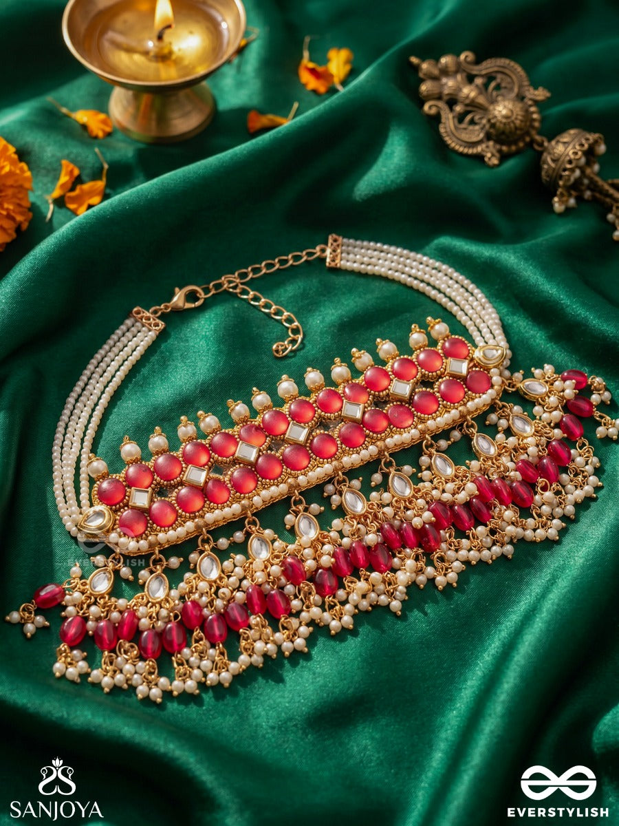 Gulabi Dhara - Suhana Khan Inspired Neckpiece Featuring Kundan, Red Gemstones And Pearls