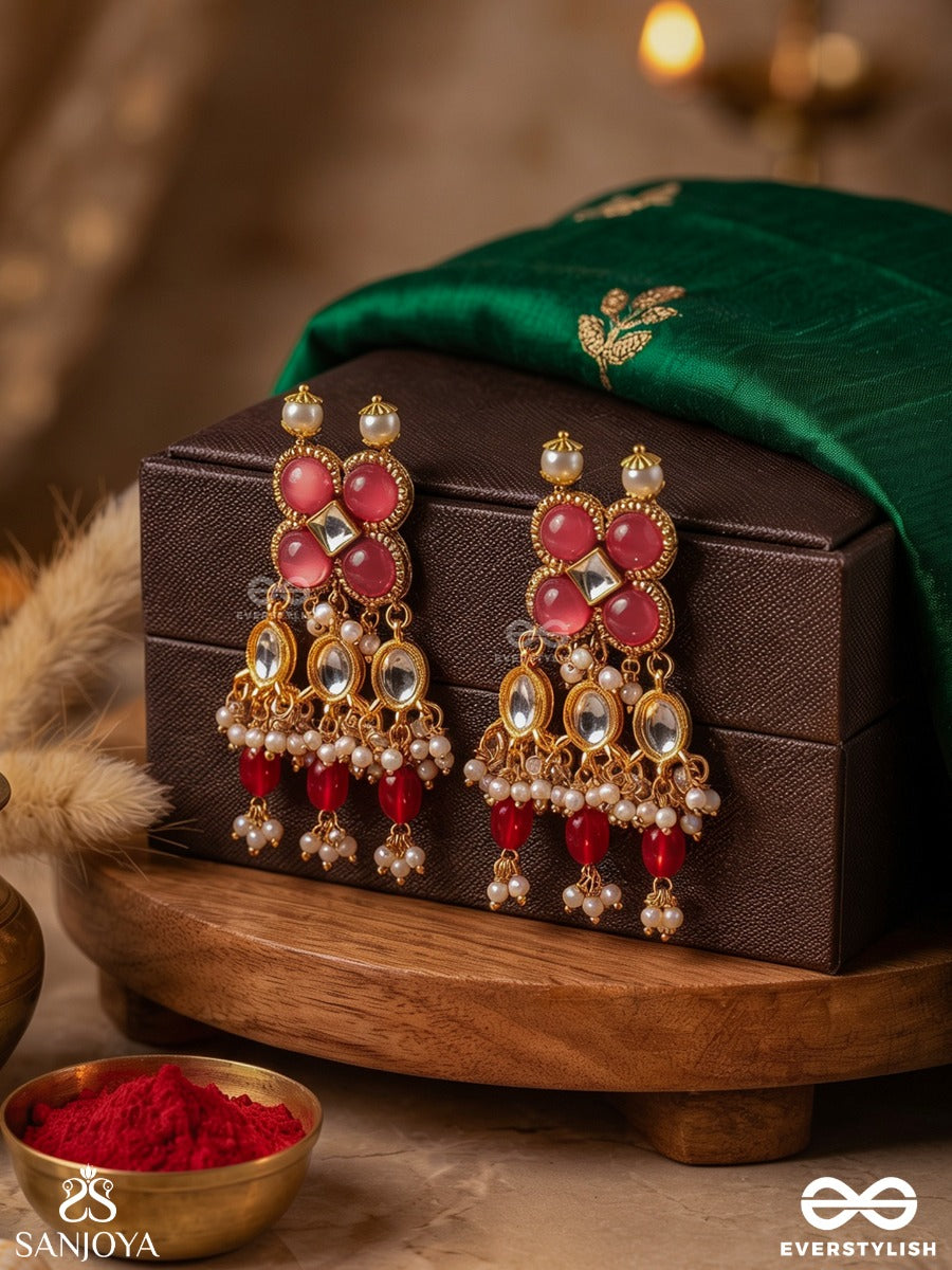 Gulabi Dhara - Suhana Khan Inspired Earrings Featuring Kundan, Red Gemstones And Pearls